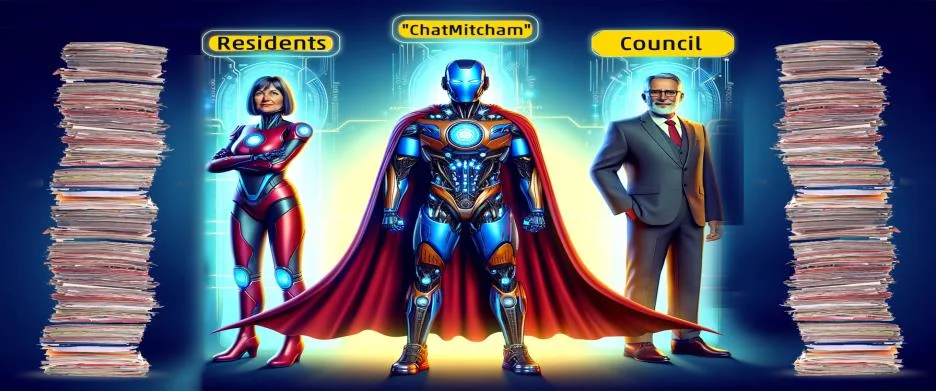 The 2024 'ChatMitcham' pitch artwork: three figures given 'AI superpowers' — a resident in a red Iron Man-style suit, a caped 'ChatMitcham' AI hero in the centre, and a council figure in a suit — standing between towering stacks of paper documents.